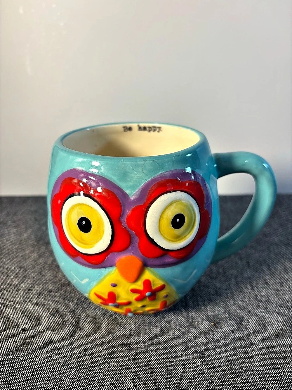 Natural Life 3D Be Happy Owl Mug Blue & Yellow